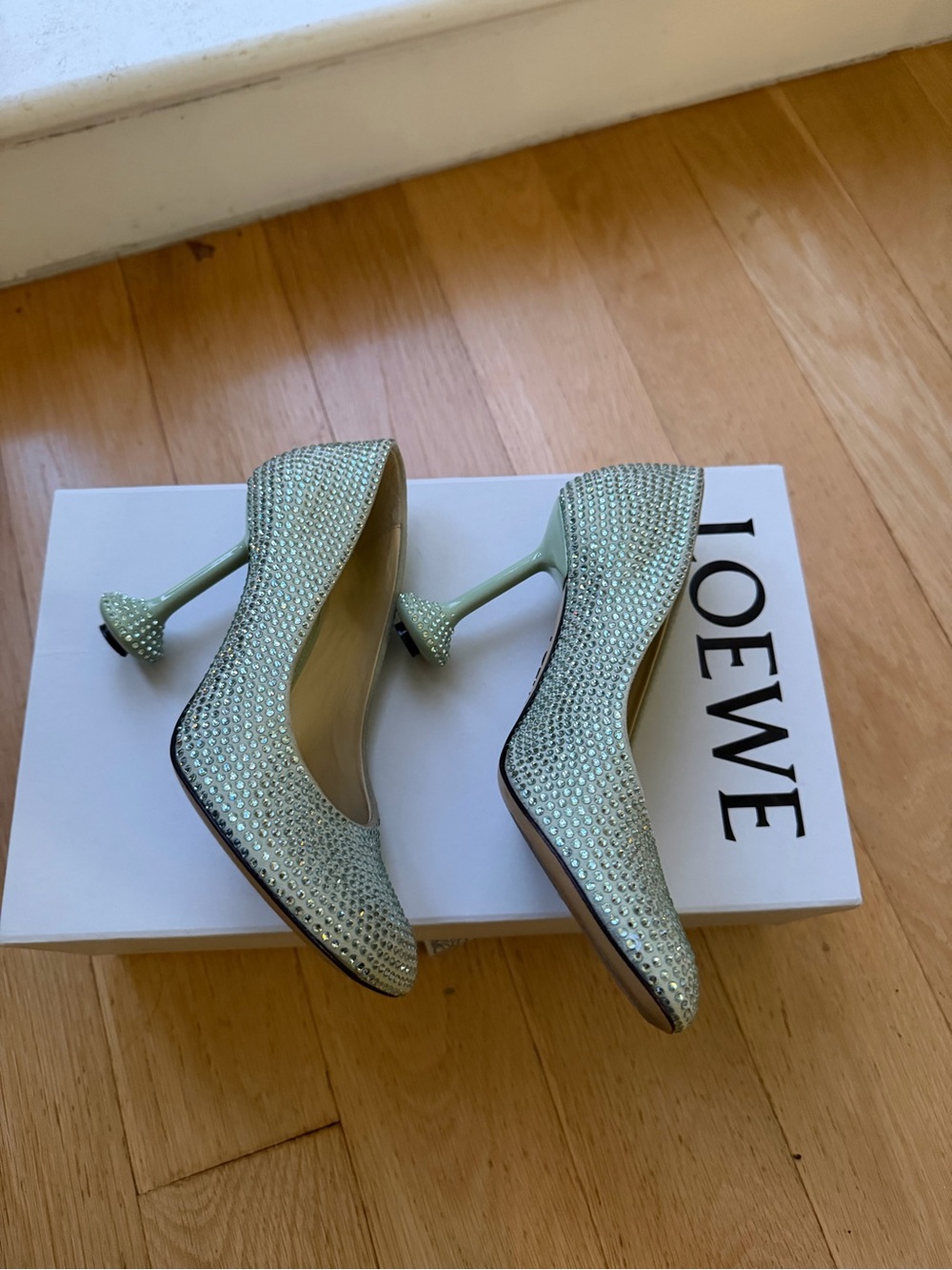 Loewe Mint Green Crystal Pointed-Toe Sculpted Heel Pumps